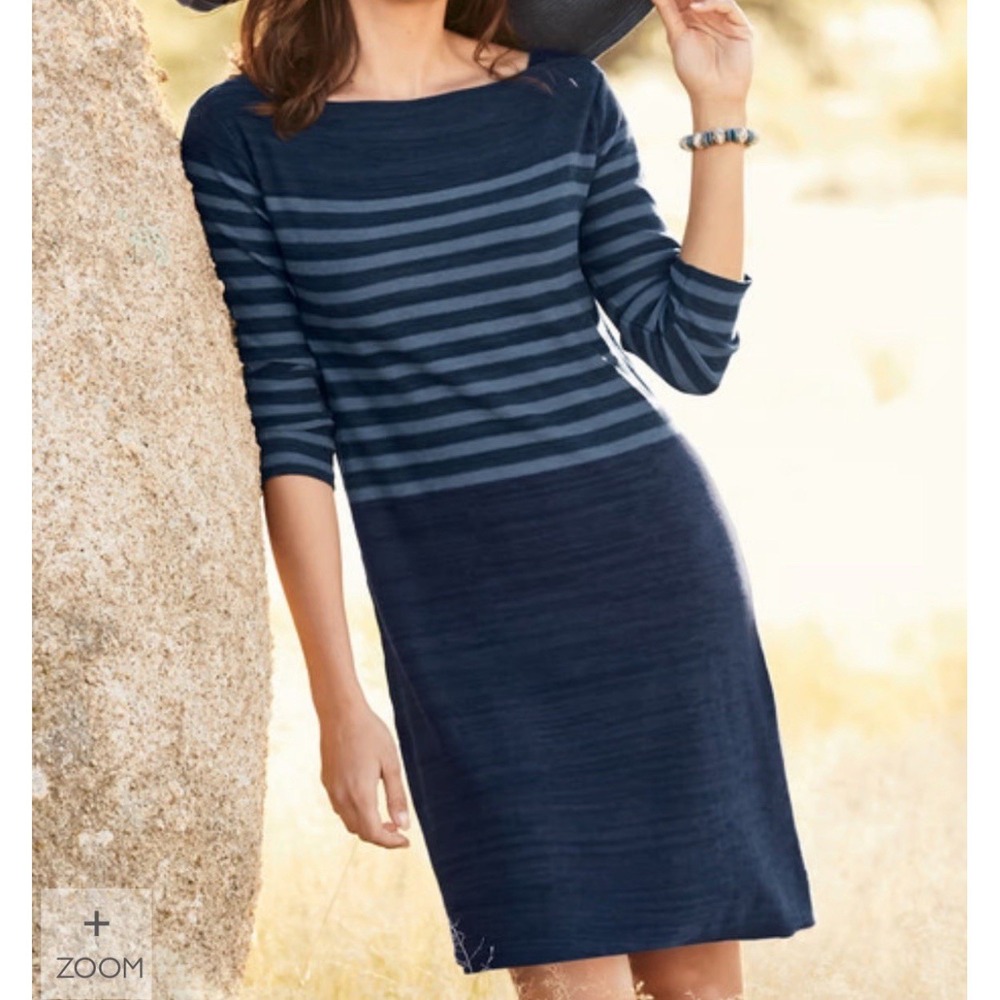 Peruvian Connection Dress SMALL Navy Blue Stripe Boat Neck 3/4  Pima Cotton‎